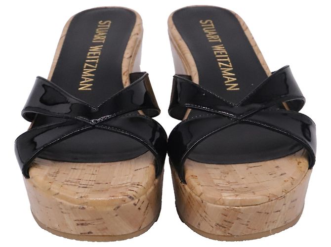 Sandales compensées Stuart Weitzman Carmen en cuir verni noir - vue 2