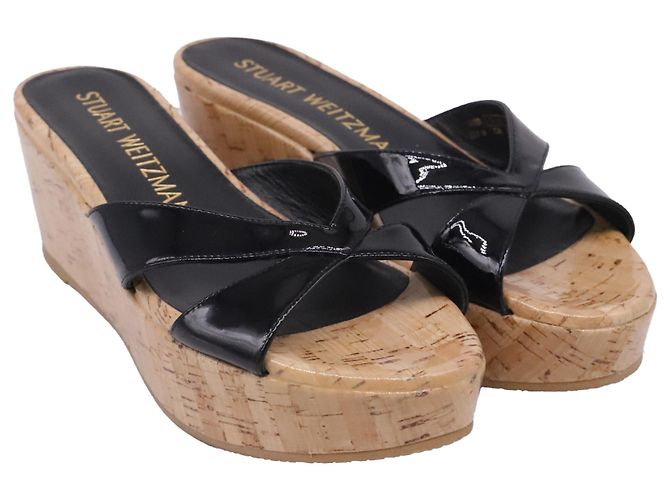 Sandales compensées Stuart Weitzman Carmen en cuir verni noir - vue 3