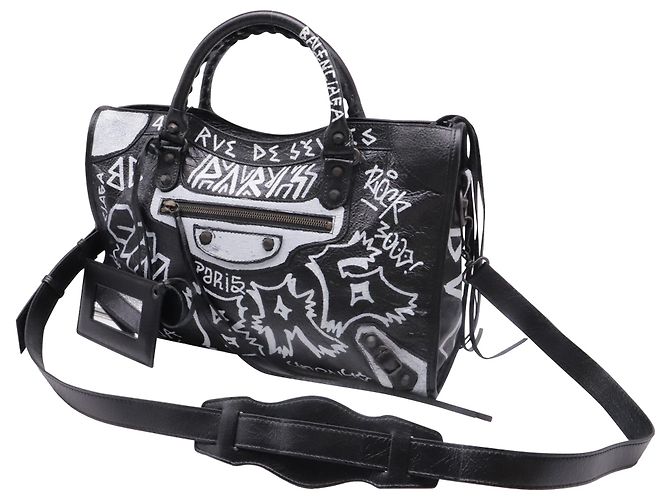 Borsa Balenciaga Medium City Graffiti in pelle d'agnello nera Nero - vista 2