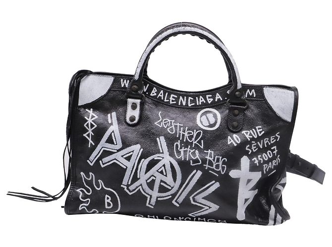 Borsa Balenciaga Medium City Graffiti in pelle d'agnello nera Nero - vista 4