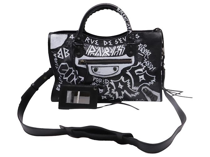 Borsa Balenciaga Medium City Graffiti in pelle d'agnello nera Nero - vista 5