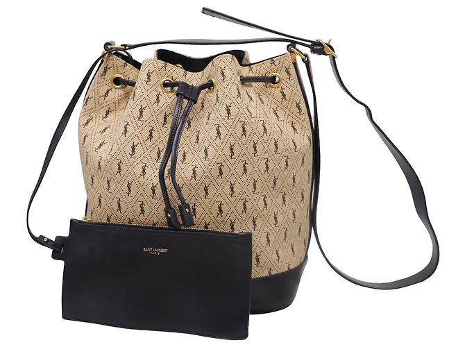 Autre Marque Borsa Bucket Monogram Saint Laurent in Nylon Canvas Camel Brown Giallo Cammello - vista 6