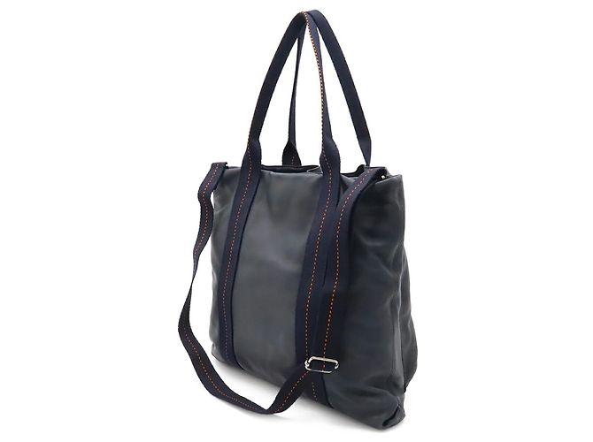 Hermès Sac Cabas HERMES Caravan Vertical MM Orange Bleu Marine - vue 3