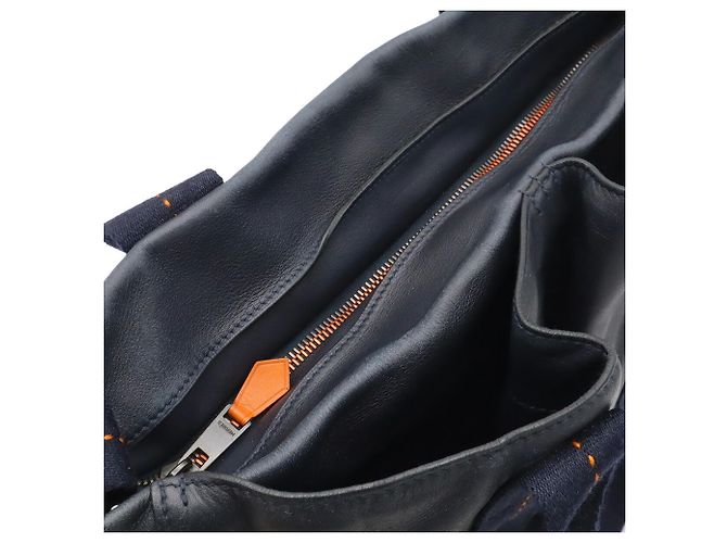 Hermès Sac Cabas HERMES Caravan Vertical MM Orange Bleu Marine - vue 6