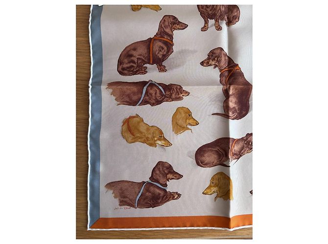 Gavroche Hermès "Les Bassets" Marrom Azul Bege Laranja - vista 7