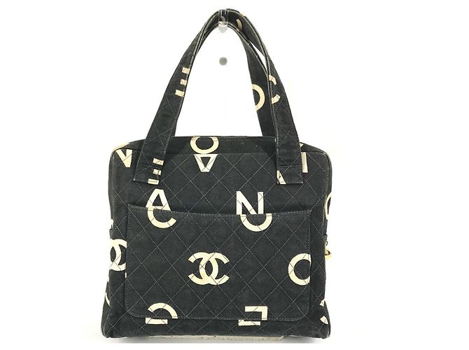 Sac à main cabas Chanel Vintage CC Coco Mark Logo Noir Blanc - vue 2