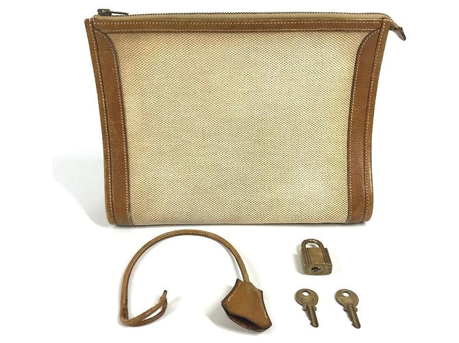 Hermès Borsa da toilette Hermes in pelle e tela beige Marrone - vista 16