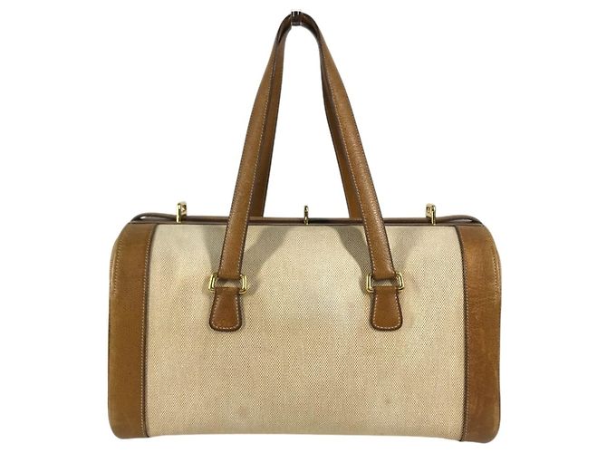 Hermès Borsa da toilette Hermes in pelle e tela beige Marrone - vista 3