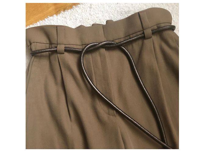 Brunello Cucinelli Calças afuniladas em lã virgem e algodão com cinto - Taupe Marrom - vista 4