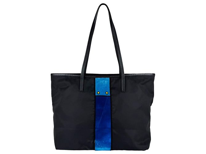 Tote Sac cabas Prada en nylon et velours Noir Bleu - vue 3
