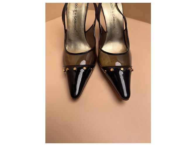 Décolleté Slingback Dolce & Gabbana in pelle verniciata nera e PVC con borchie Nero - vista 4