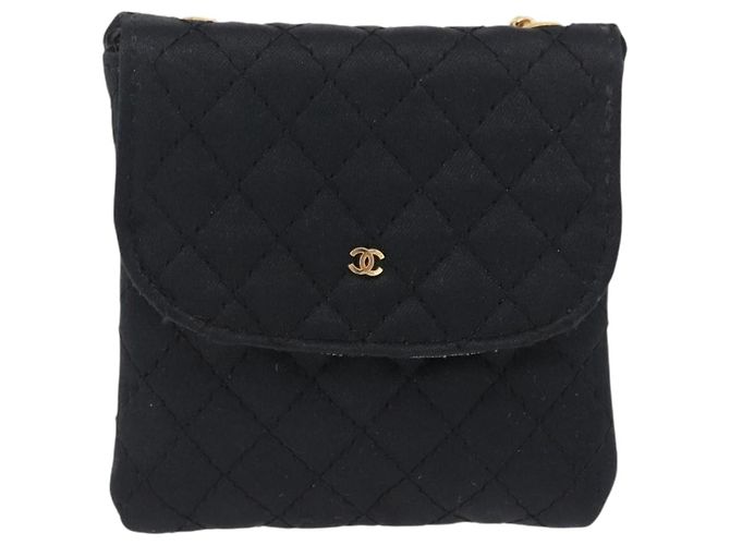 CHANEL Matelasse Chain Shoulder Pouch Satin Black Gold CC Auth 206434A Negro Dorado - vista 13