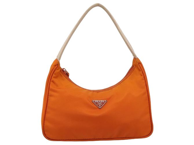Bolsa de Mão PRADA Nylon Laranja Prata Auth 205395A - vista 13