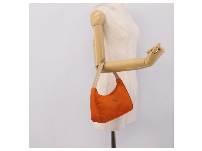 Bolsa de Mão PRADA Nylon Laranja Prata Auth 205395A - vista 21