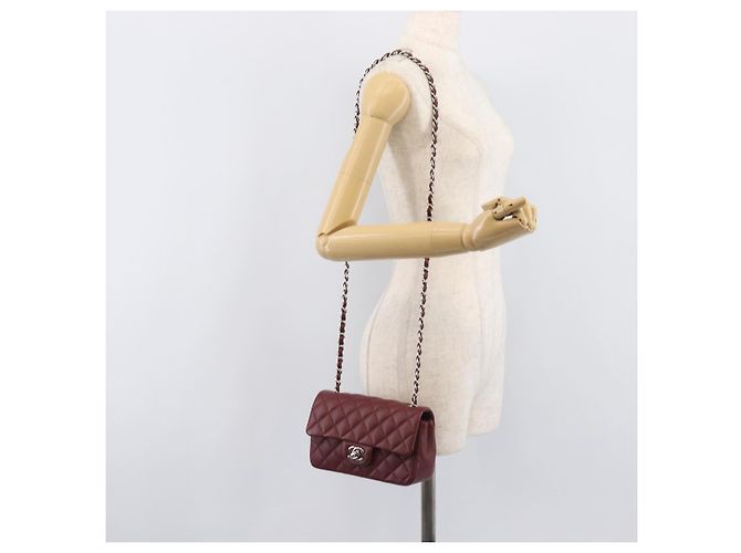 CHANEL Mini Matelasse 20 Kettentasche Lammleder Bordeaux Silber CC Auth 206388SM - Ansicht 28