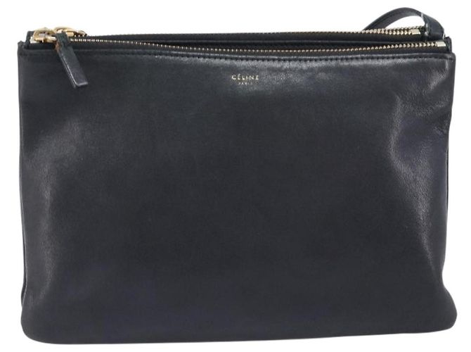 Céline Bolsa de Ombro CELINE Trio em Couro Preto e Ouro Auth 206031 Dourado - vista 13