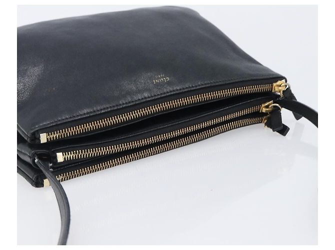 Céline Bolsa de Ombro CELINE Trio em Couro Preto e Ouro Auth 206031 Dourado - vista 6