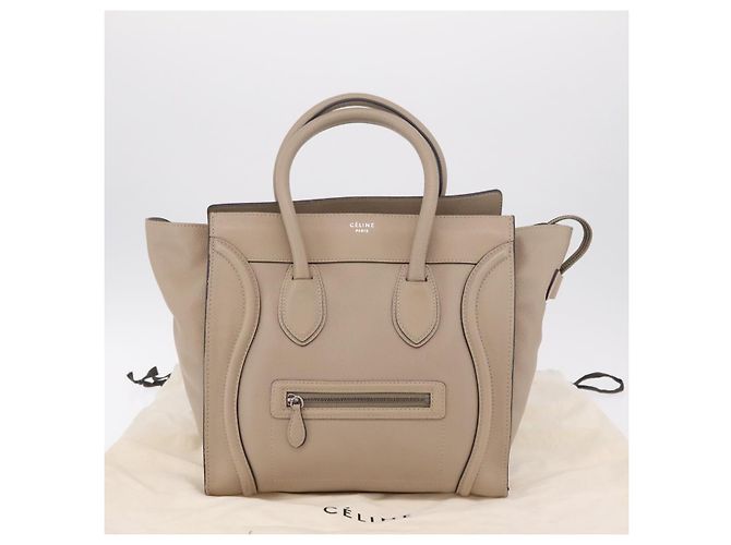 Céline Bolso de mano CELINE Luggage Micro Shopper de piel Beige Silver Auth 206453A Plata - vista 12