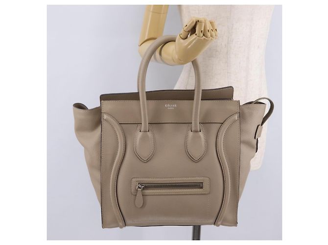 Céline Bolso de mano CELINE Luggage Micro Shopper de piel Beige Silver Auth 206453A Plata - vista 25
