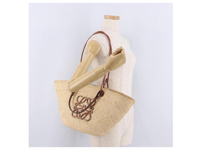 Sac Cabas LOEWE Anagram Raffia Beige Brown Auth ka6529V Marron - vue 23