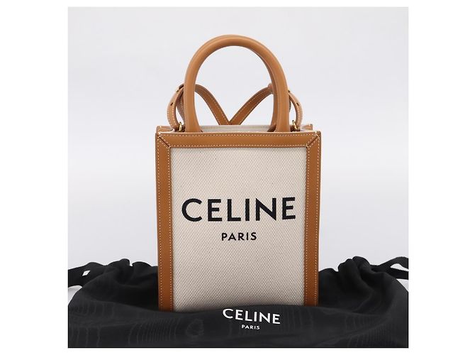 Céline CELINE Mini Vertical Cabas Handtasche Canvas 2way White Gold Auth BA15762M Weiß Golden - Ansicht 12