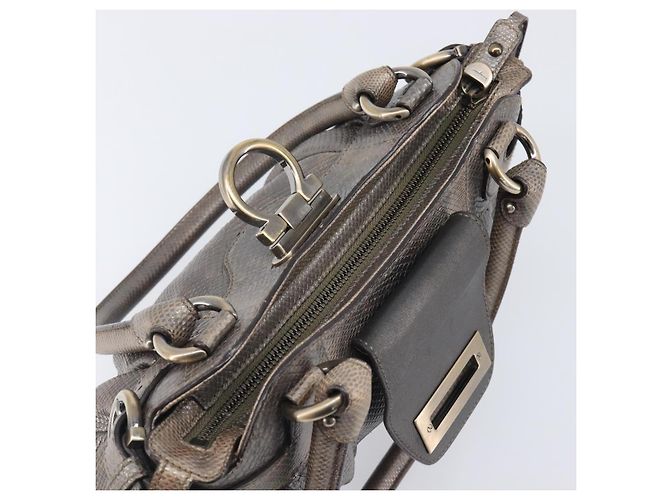 Borsa Salvatore Ferragamo Gancini effetto coccodrillo Silver Gold Auth 205427A Argento D'oro - vista 10