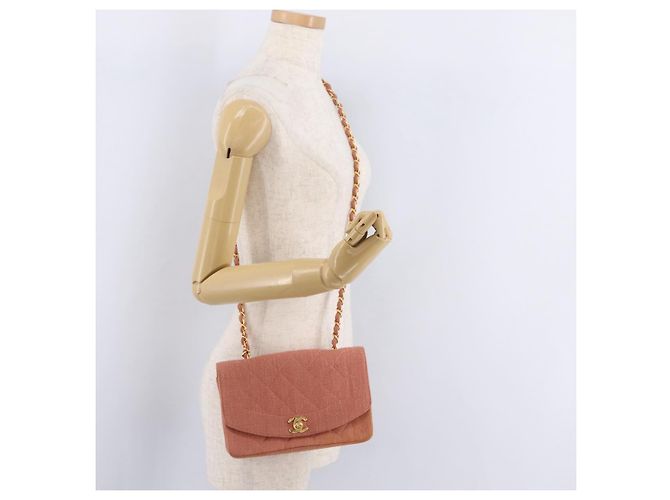 Borsa a catena con patta CHANEL Matelasse Diana Canvas Orange Gold CC Auth BA15758SAV D'oro Arancione - vista 30
