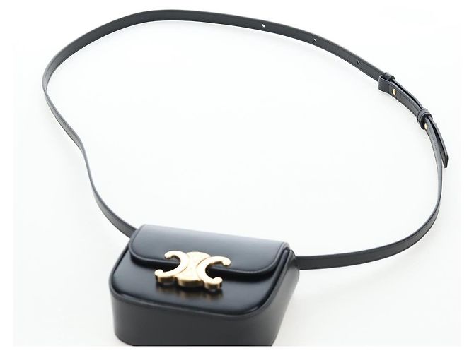Céline CELINE Triomphe Shoulder Pouch Leder Schwarz Gold Auth LN079M Golden - Ansicht 14