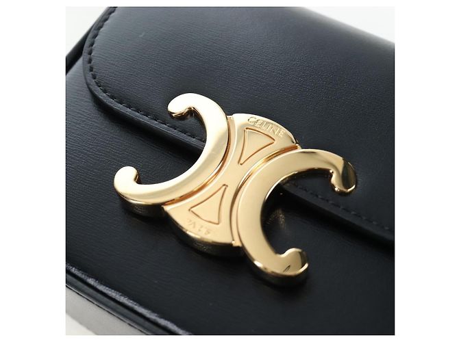 Céline CELINE Triomphe Shoulder Pouch Leder Schwarz Gold Auth LN079M Golden - Ansicht 19