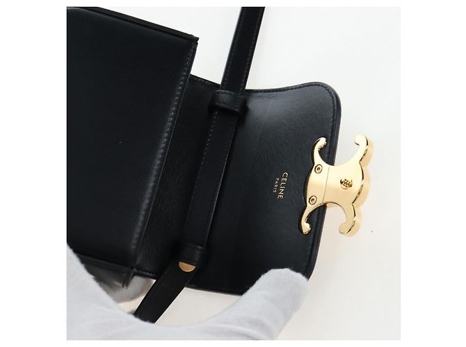 Céline CELINE Triomphe Shoulder Pouch Leder Schwarz Gold Auth LN079M Golden - Ansicht 20