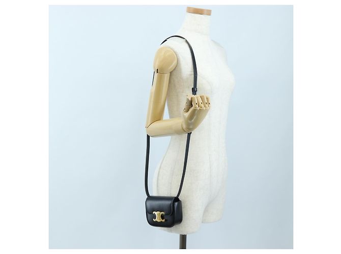Céline CELINE Triomphe Shoulder Pouch Leder Schwarz Gold Auth LN079M Golden - Ansicht 24