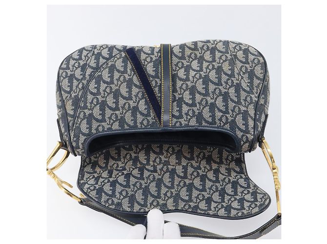 Borsa Double Saddle Christian Dior Trotter Canvas Navy Gold Tone Auth 206654V Blu navy - vista 19