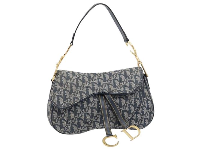 Borsa Double Saddle Christian Dior Trotter Canvas Navy Gold Tone Auth 206654V Blu navy - vista 2