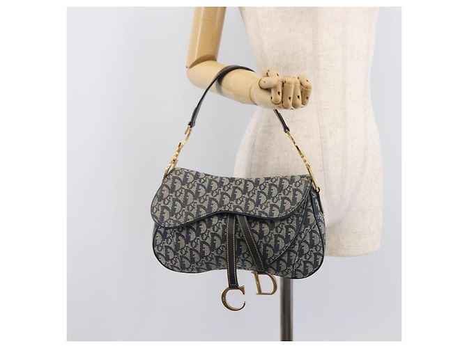 Borsa Double Saddle Christian Dior Trotter Canvas Navy Gold Tone Auth 206654V Blu navy - vista 27