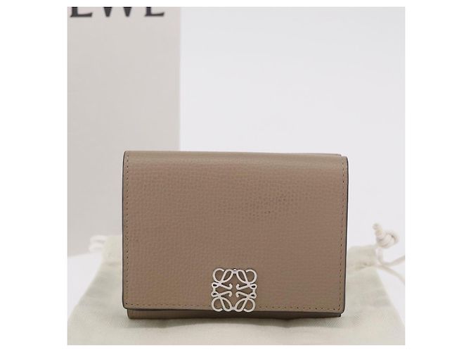 LOEWE Anagram Trifold Wallet Leather Beige Silver Auth 205328M Silvery - view 12
