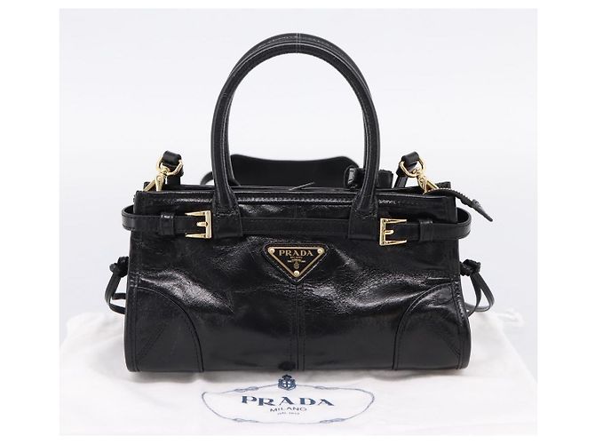 Bolso PRADA Bonnie de piel 2way Negro Oro Auth BA15756SAM Dorado - vista 12