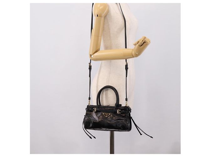 Bolso PRADA Bonnie de piel 2way Negro Oro Auth BA15756SAM Dorado - vista 26