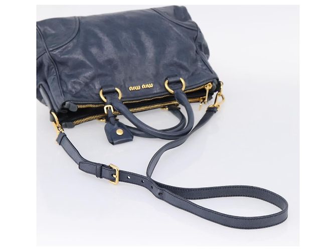 Miu Miu Handtasche Leder 2way Navy Gold Auth am12765V Golden Marineblau - Ansicht 9