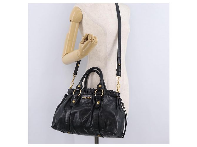Bolsa de mão Miu Miu em couro 2way Preta Dourada Auth 167738SAM Preto Dourado - vista 29