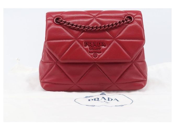 PRADA Chain Shoulder Bag Leather Red Silver Auth 206931V Silvery - view 12