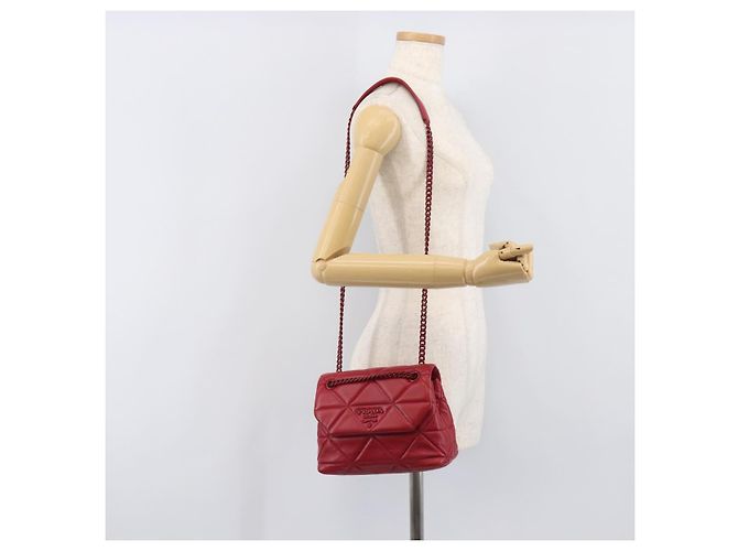 PRADA Chain Shoulder Bag Leather Red Silver Auth 206931V Silvery - view 28
