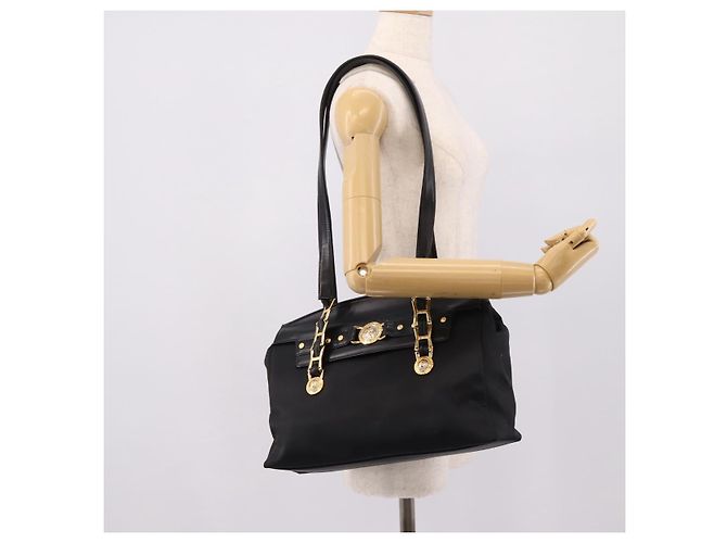 VERSACE Schultertasche Nylon Leder Black Gold Auth 205264 Schwarz Golden - Ansicht 23