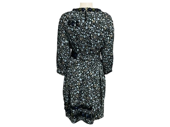Abito in cotone floreale Marc Jacobs blu navy con applicazioni di pietre multicolore e cintura - vista 3