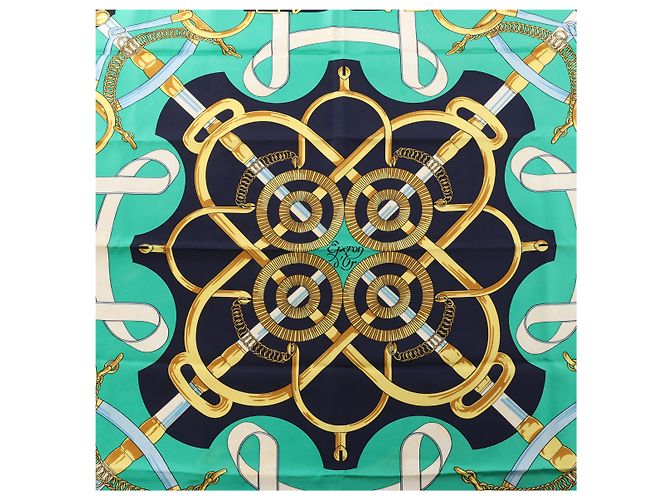 Hermès Carré 90 "Eperon d'or" Seidentuch in Marineblau - Ansicht 10