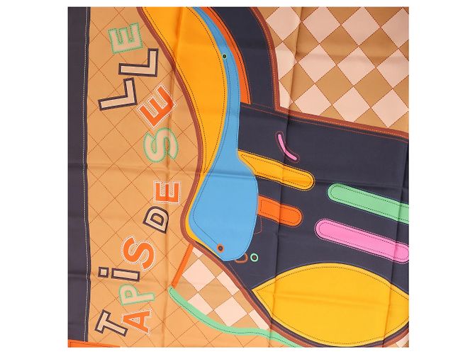 Hermès Carré 90 Double Face "Tapis de Selle" Silk handkerchief in Orange - view 9