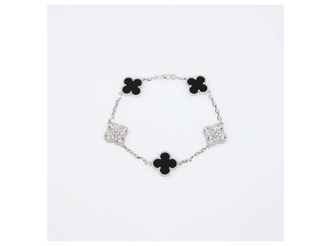 Van Cleef & Arpels Bracciale Vintage Alhambra 5 Motivi in Oro Bianco 18K Onice e Diamanti Nero D'oro - vista 2