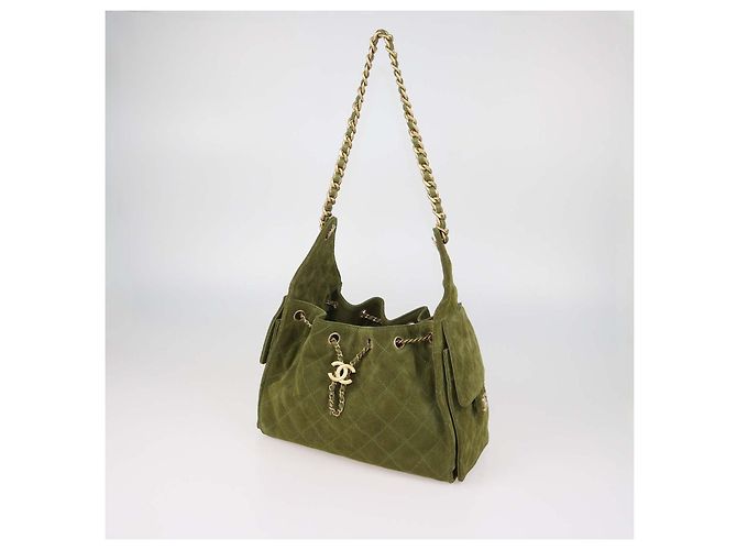 Chanel Khaki Quilted Suede Small 25 Hobo Verde - vista 2