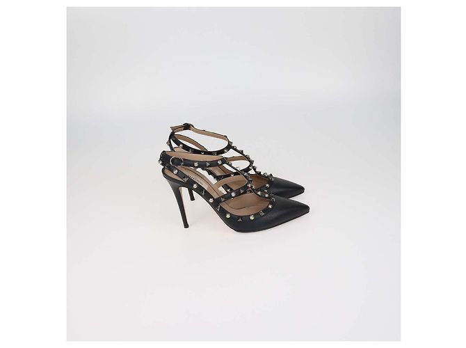 Valentino Black Leather Rolling Rockstud Caged Pumps - view 3
