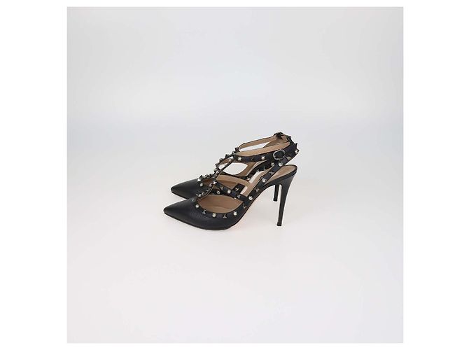 Valentino Black Leather Rolling Rockstud Caged Pumps - view 4