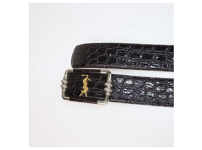 Autre Marque Cinturón Saint Laurent de piel con relieve de cocodrilo marrón choco y hebilla cuadrada con logo Negro - vista 5